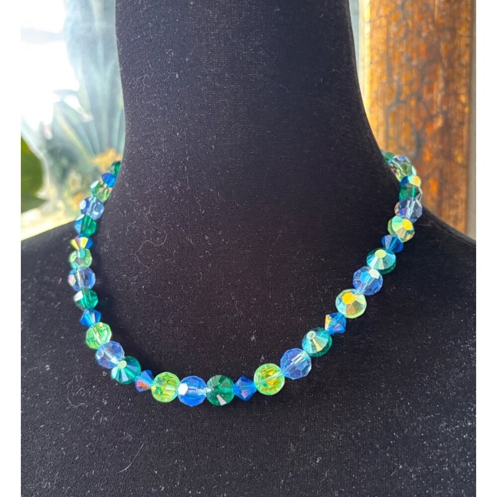 Sterling Silver AB Crystal Necklace Blue & Green Faceted Brilliant Beads Vintage - Picture 3 of 9
